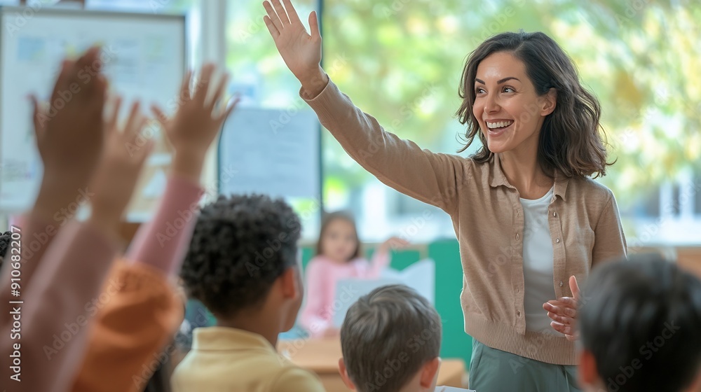 Aufkleber Enthusiastic Female Teacher Walking Between Rows Checking Test Assignment Results High Fiving with an Adorable Smart Boy Class of Multiethnic Children Listening to a Lecture and Writin : Generative AI
