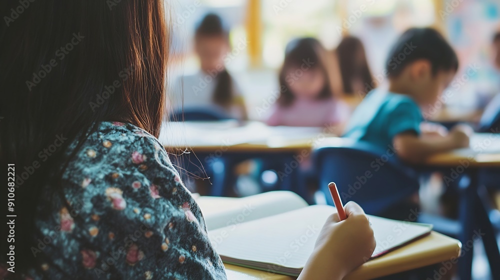 Aufkleber Teacher woman and help kid for education study or writing knowledge in notebook at class Child educator and student learning in lesson for development teaching and support at kindergar : Generative AI