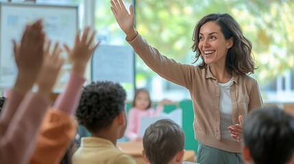 Fototapeta premium Enthusiastic Female Teacher Walking Between Rows Checking Test Assignment Results High Fiving with an Adorable Smart Boy Class of Multiethnic Children Listening to a Lecture and Writin : Generative AI