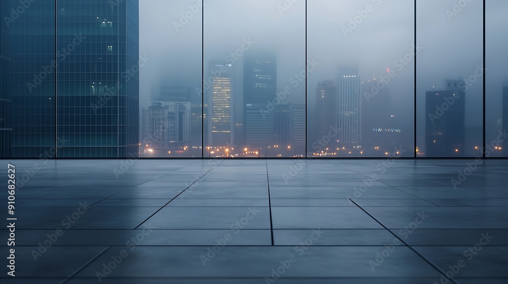 Poster empty square floor and city skyline with building background : generative ai
