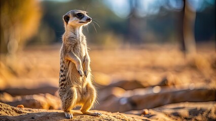 Curious meerkat standing on hind legs in desert habitat, wildlife, animal, cute, safari, mammal, standing, alert, sand, nature, curious