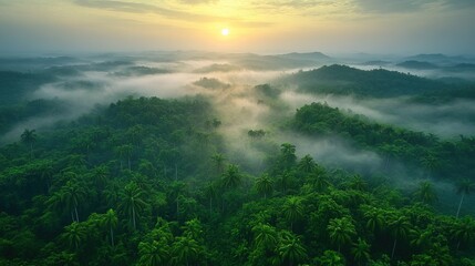 Fototapeta premium Aerial view of lush green rainforest with mist and mountains in the background, generative ai