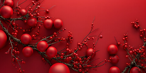 Obraz premium Red Christmas Ornaments and Berries on Red Background