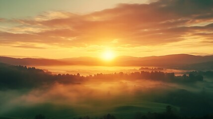 Obraz premium Beautiful sunset sky over green misty landscape hills : Generative AI