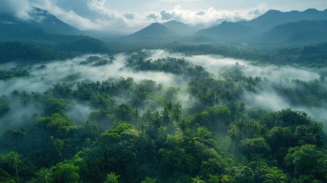 Aerial view of lush green rainforest with mist and mountains in the background, generative ai