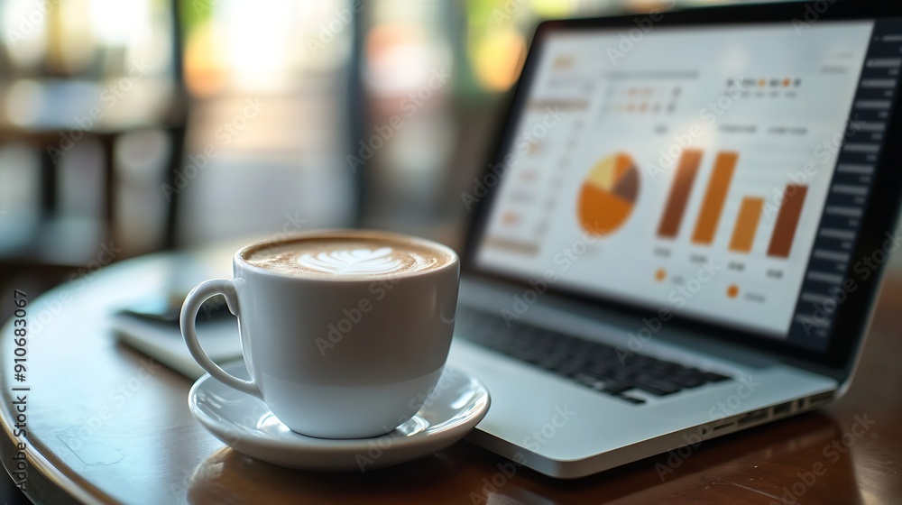 Aufkleber Coffee cup and laptop on table with mockup chart presentation slide show on display : Generative AI