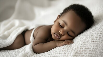Cute little sleeping African biracial newborn baby sleeping on a white soft blanket : Generative AI