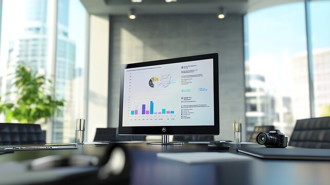 Mock up chart slide show presentation on display television with camera webcam in meeting room : Generative AI