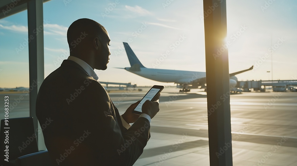 Poster black man with phone airport window and plane taking off checking flight schedule terminal for busin