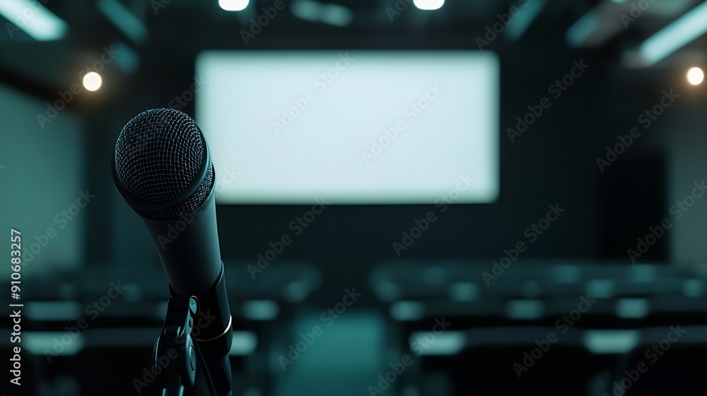Aufkleber Close up Microphone with presentation slide show on projector screen background in meeting room : Generative AI