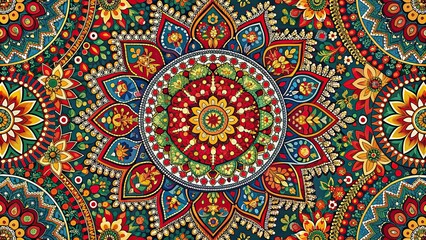 Intricate traditional ethnic pattern with vibrant colors and elaborate designs, ethnic, vibrant, colorful, detailed