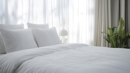 Hotel room with comfortable double bed neatly white sheets decorative cover and pillows Bedroom with textile decor cushions and bedding Concepts of cozy morning at home : Generative AI