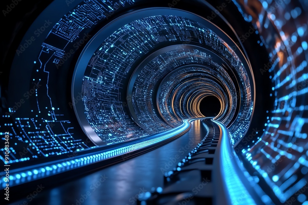 Aufkleber Futuristic tunnel with glowing blue lights and intricate digital patterns, representing high-tech infrastructure and advanced technology.