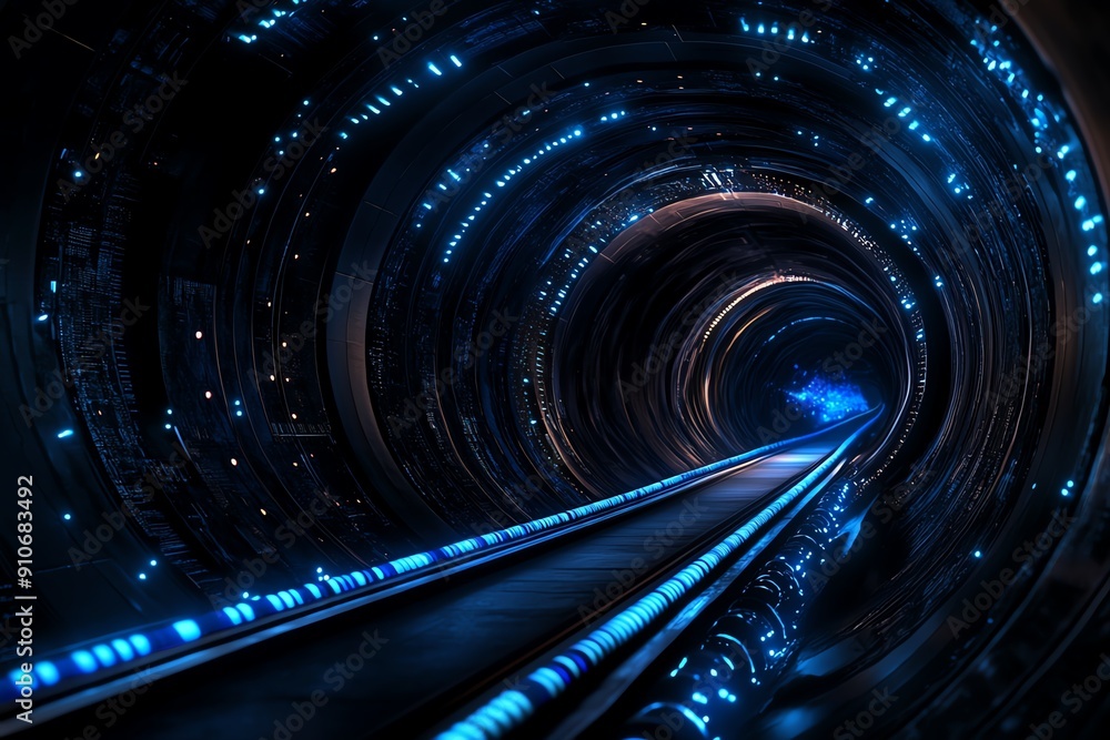 Poster futuristic tunnel with glowing blue lights and rails, conveying a sci-fi atmosphere and advanced tec
