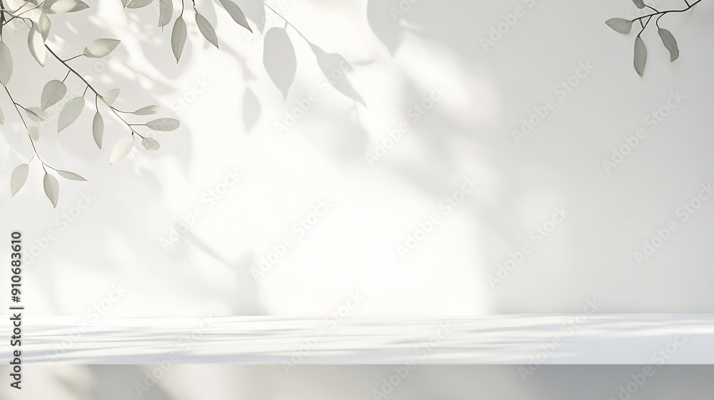 Poster minimal empty white room studio background scene with natural leaves shadow forms empty showcase for