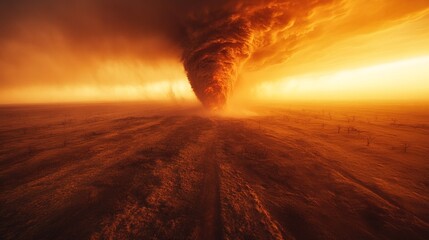 Fiery tornado descending on a rural town, engulfing buildings in flames, generative ai