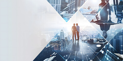 Business banner featuring a collage of photos with professionals in various settings, including office environments and people shaking hands in suits, symbolizing teamwork and business networking.