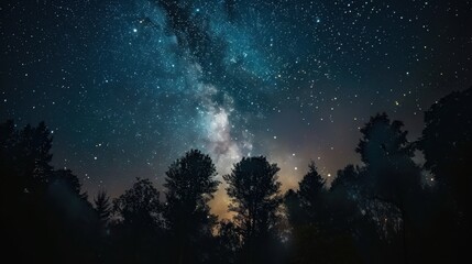 Stunning night sky with the Milky Way visible over silhouetted trees on a clear, star-filled evening, creating a mesmerizing celestial scene.