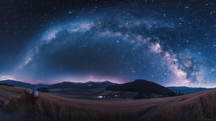 Stunning night sky panorama with Milky Way galaxy arching over rolling hills and fields, perfect for astronomy and nature enthusiasts.