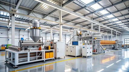 Fototapeta premium Plastic factory with extrusion machine, manufacturing, production, industry, technology, machinery, equipment
