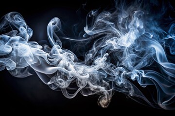 Fototapeta premium Mesmerizing wisps of smoke dance in mid-air, swirling in intricate patterns as if alive, frozen in time against a dark, velvety black background.