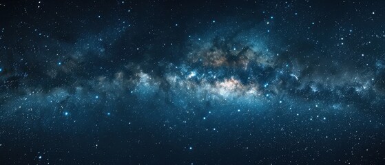 Fototapeta premium Stunning panoramic view of Milky Way galaxy in deep space filled with stars, gases, and cosmic dust. Ideal for astronomy and space enthusiasts.