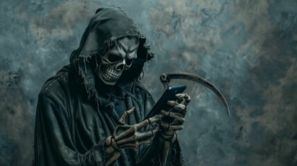 Fototapeta premium scary grim reaper holding a scythe and a mobile phone in his hands with a background of darkness
