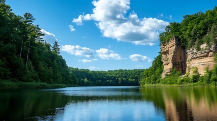 Obraz premium Summers day landscape of a blue sky and white clouds above Mirror Lake surrounded by lush green forests and sandstone cliffs near Baraboo Wisconsin : Generative AI