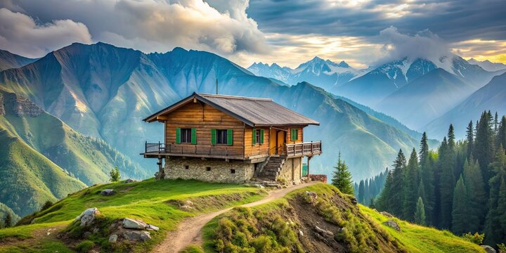 Beautiful little cottage perched on a mountain in Arang Kel, Kashmir , Arang Kel, Kashmir, village, mountain, cottage