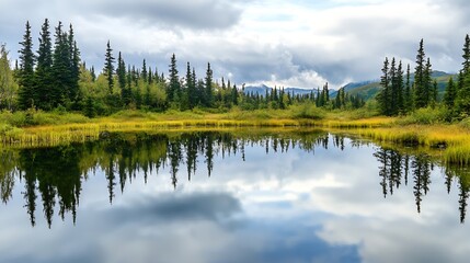 Fototapeta premium Mirror lake near anchorage in alaska : Generative AI