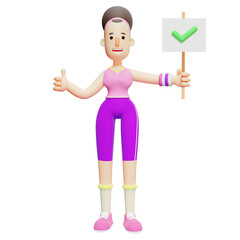 Yoga Girl in 3D Style. Female Character with Green Check Mark Sign. Cartoon Pack