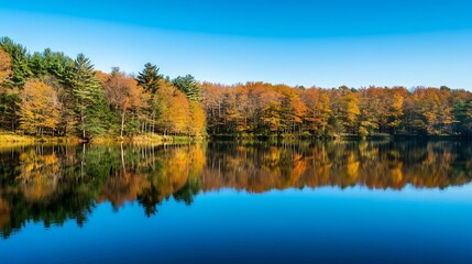 Obraz premium Tranquil autumn forest and lake landscape in Connecticut Calm beautiful pond and forest reflections on the blue water : Generative AI