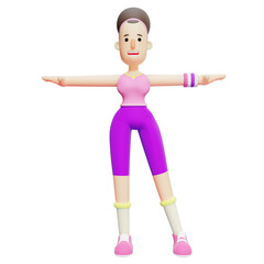 Illustrative 3D Yoga Girl.  Female Character in Warm-Up Pose with Arms Outstretched. Cartoon Character