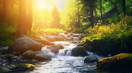 spring forest nature landscape  beautiful spring stream river rocks in mountain forest : Generative AI