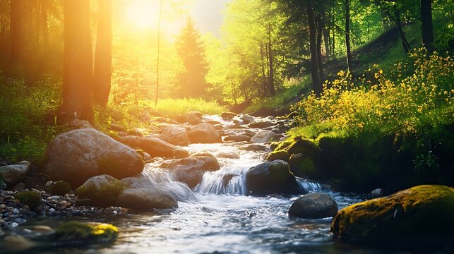 spring forest nature landscape  beautiful spring stream river rocks in mountain forest : Generative AI