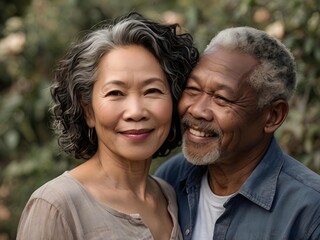 Naklejka premium Portrait of a couple of black man from Africa and white woman from Asia, individuals of different races