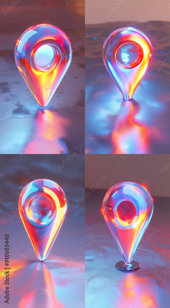 Poster crystal and glass-textured location pins and markers, 3d rendered map neon pointers