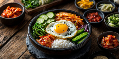 Korean food, a black stone bowl with delicious and refreshing Korean vegetables and kimchi, a fried egg on top of the rice in the center of the pot, various side dishes around it, generative AI
