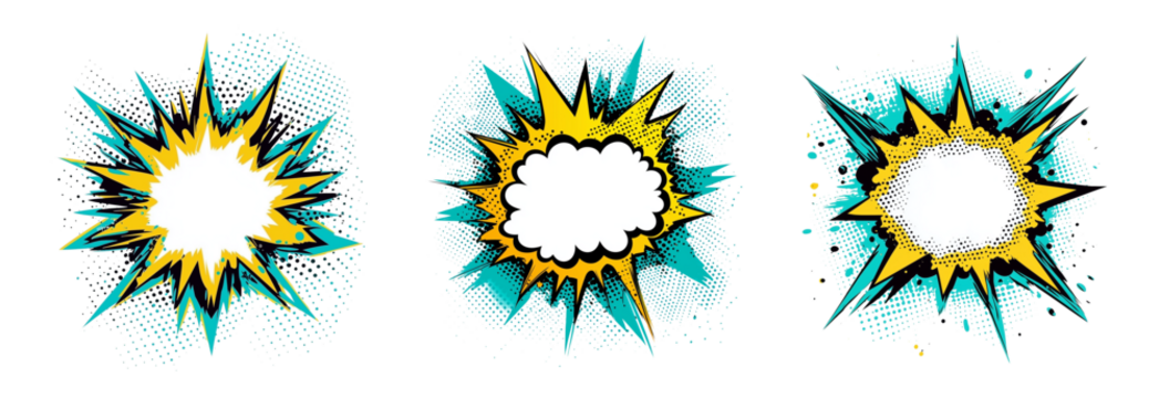 Transparent Background Comic Blank Speech Bubble Set: Cartoon Explosions Isolated on White Background with Vintage Comics Design and Place for Your Text - PNG - Powered by Adobe