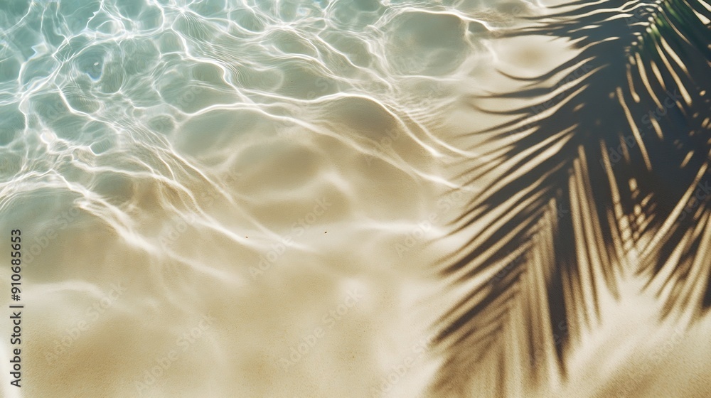 Poster empty abstract sand beach with palm leaf shadow and transparent water wave from above blank background banner for travel vacation and wellbeing with copy space : Generative AI