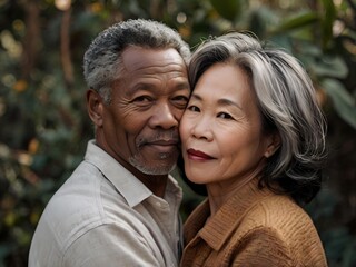 Fototapeta premium Portrait of a couple of black man from Africa and white woman from Asia, individuals of different races