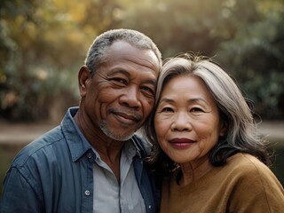 Fototapeta premium Portrait of a couple of black man from Africa and white woman from Asia, individuals of different races