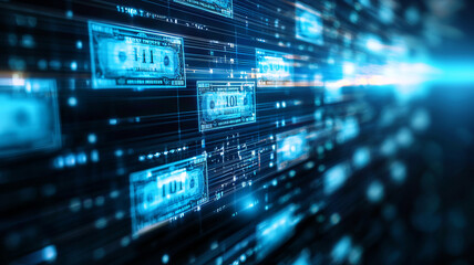 Fototapeta premium Abstract representation of digital currency with dollar bills in a futuristic background, symbolizing finance and technology.