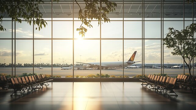 Airport terminal glass window with view of airplane Suvarnabhumi airport departure hall for travel and transportation concept : Generative AI
