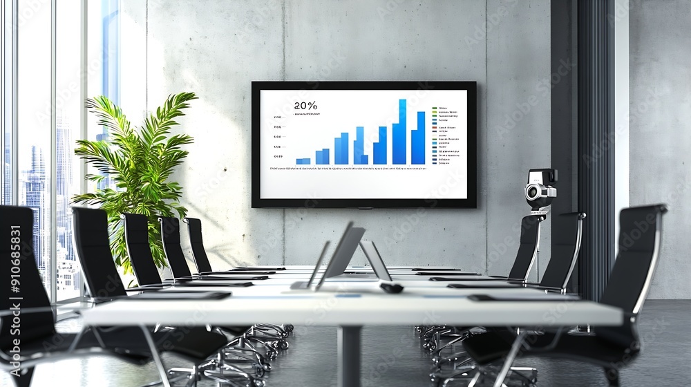 Poster mock up chart slide show presentation on display television with camera webcam in meeting room : gen