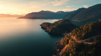 Sea to Sky Highway on Pacific Ocean West Coast Aerial Panorama Colorful Sunrise Sky Located in Howe Sound between Vancouver and Squamish British Columbia Canada : Generative AI