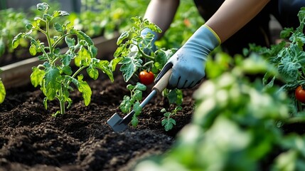 Naklejka premium Close up of woman working with tomato plants in soil in raised beds using gardening tools : Generative AI