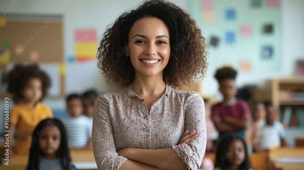Poster portrait of a beautiful happy young teacher standing in classroom with crossed arms looking at camer