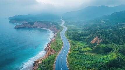 Obraz premium Aerial view of a highway with a sunset over the ocean, generative ai