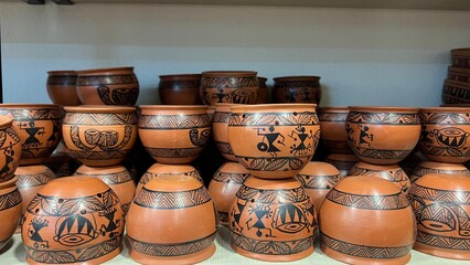 Chinese pickle jars, ceramic food storage containers or beige pots.biggest traditional handmade items with artistic decoration put on display for sale
